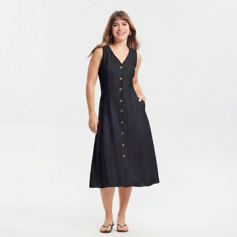 Women's Button-Front Midi Dress - A New Day Black L